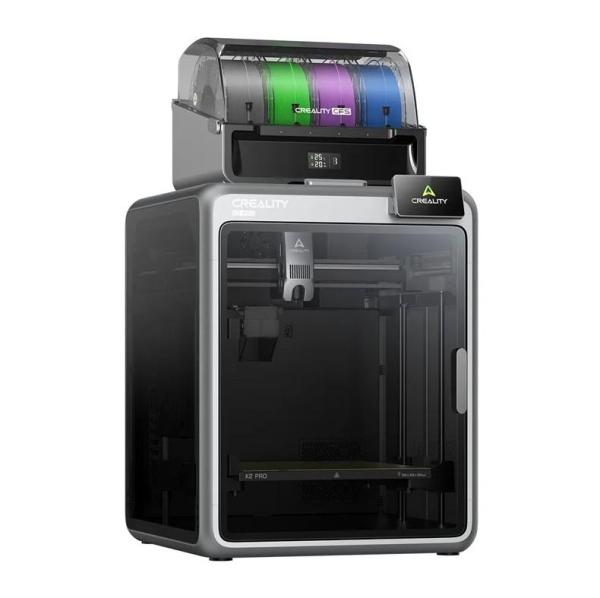 Creality k2 pro combo fdm 3d printer, include un sistem cfs multi- filament, suporta maxim 4 x cfs - 16 culori, tehnologie: fdm, volum printare: 300 x 300 x 300mm, dimensiuni produs: 445 × 477 × 573 mm, 23.7kg, viteza printare: 600 mm/s, accelerare: 20.00