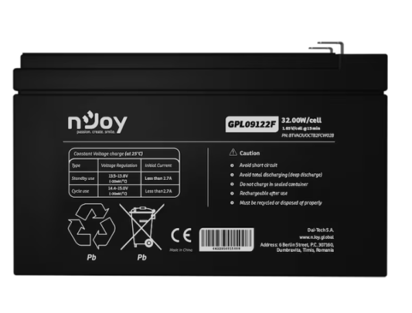 Acumulator njoy gpl09122f 12v 30.55w/cell, capacitate 32.00w/cell evaluat la 10v15 min, tensiune 12v, tip vrla - fara mentenanta, caracteristici: sigilata complet si fara intretinere, pana la 500 de cicluri la 100% dod, utilizare standard 9 ani, auto-desc