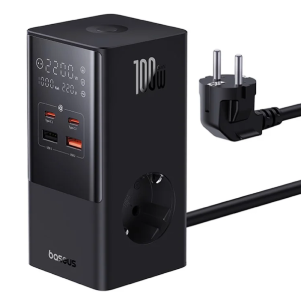 Incarator retea baseus gan powerstrip, quick charge 100w, 2 x ac, 2 x usb type-c output 5v/3a, 2 x usb, lungime cablu 1.5m, negru