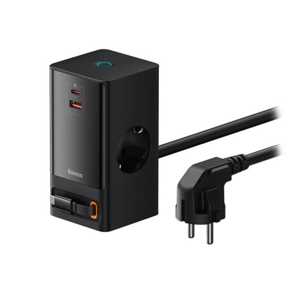 Incarcator retea baseus gan3 pro powerstrip, quick charge 65w, 2 x ac, 1 x usb type-c output 5v/3a, 1 x usb, lungime cablu 1.5m, negru