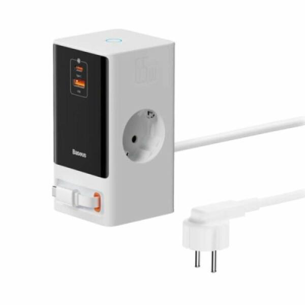 Incarcator retea baseus powercombo powerstrip, qc 65w, 2xac, 1 x cablu integrat retractabil usb type-c output 5v/3a, 1xusb, 1.5m, alb