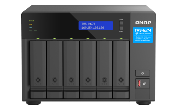 Nas qnap h674 6-bay, cpu intel core i5-12400 6-core 12-thread processor, up to 4.4ghz, ram 32gb (2x 16gb) ddr4 sodimm (max. 128gb), 6 x 2.5"/3.5" sata 6gbps + 2 x m.2 2280 nvme hdd (neincluse),  lan: 2 x 2.5gbe (2.5g/1g/100m/10m), usb3.2 gen1: 3 (2 x usb-
