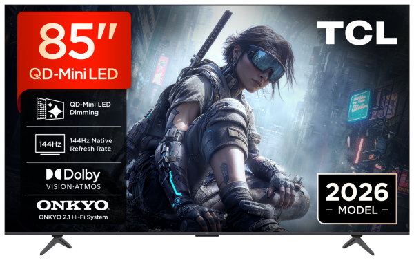 Televizor tcl qd-miniled 85t8d, 215 cm, smart google tv, 4k ultra hd, 144hz, onkyo