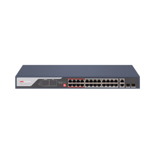 Switch poe hikvision ds-3e0326p-e(c): 24 x 10/100mbps poe port,2 × gigabit combo, buget poe 370 w, tensiune alimentare 100 to 240 v ac, 50/60 hz, max. 6.5 a, dimensiuni: 440.00 mm × 44.00 mm × 220.80 mm, greutate: 3.54kg, montare in rack.