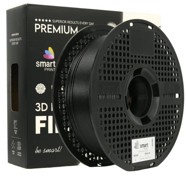 Smart print 3d filament 1kg petg+cf black, continut de fibra de carbon, reztenta la deformare, rezistenta la caldura sporita, recomandare utilizare impreuna cu imprimanta cu incinta inchisa. diametru: 1.75mm, greutate: 1kg, temperatura duza: 255c - 270c, 