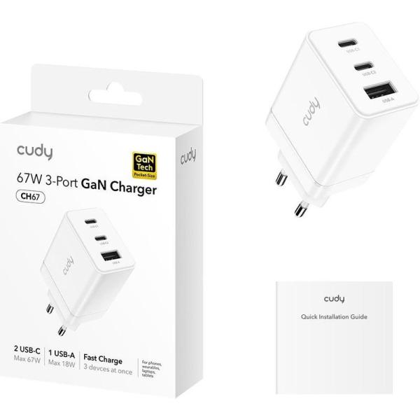 Cudy 3-port 67w usb-c charger, gan, 2 usb-c ports (67w max), 1 usb-a port (18w max),  qc+pd 3.0, eu plug, for iphone 12 series and above, galaxy, ipad, macboook air and more