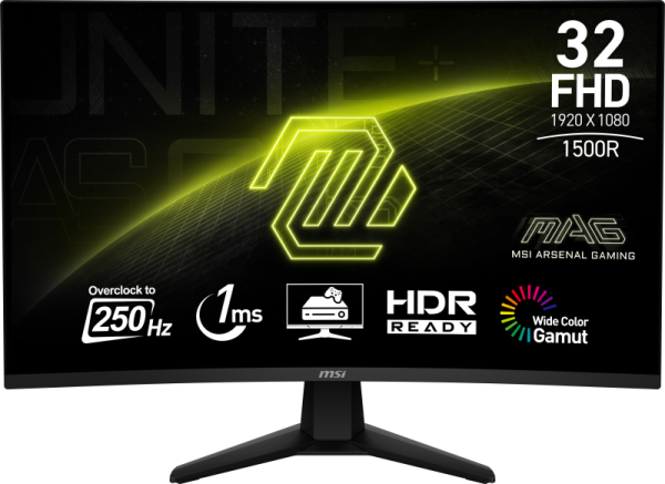 Msi mag 32c6x. display diagonal: 80 cm (31.5"), display resolution: 1920 x 1080 pixels, hd type: full hd, response time: 1 ms, native aspect ratio: 16:9, viewing angle, horizontal: 178°, viewing angle, vertical: 178°. vesa mounting. product colour: black