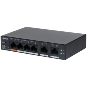 Dahua 6 port managed desktop switch, cs4006-4et-60, interfata: port 1-4: 4 × rj-45 10/100 mbps (poe); port 5-6: 2 × rj-45 10/100/1000 mbps (uplink), managd, layer 2, switching capacity: 4.8 gbps, packet forwarding rate, 3.57 mpps, standarde retea: ieee802