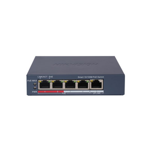 Switch 4 porturi poe hikvision ds-3e1105p-ei, l2, smart managed, 4 × 100 mbps poe rj45 ports, si 1 × 100 mbps network rj45 port, putere poe 60 w, maxim 30w per port, extend mode - pana la 300 metri, material metal, dimensiuni: 105 mm × 27.6 mm × 83.1 mm, 