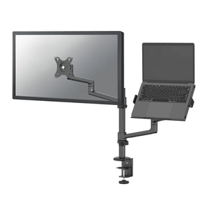 Suport dublu laptop de birou neomounts ds20-425bl2; pentru display-uri cu diagonale 17"-27", sistem de prindere vesa 75x75~100x100, greutate maxima suportata 8kg, tilt +90°, -30°, swivel 90°, rotate 360°, distanta fata de perete 162-494mm; inaltime reglab