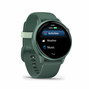 Ceas garmin vívoactive 6 display amoled, dimensiune afisaj 30.4 mm, rezolutie afisaj  390 x 390 pixeli, memorie 8gb, autonomie până la 11 zile (5 zile cu afişajul permanent pornit) rezistanta la apa pana la 5 atm, greutate: 23g, ramă jasper green cu curea