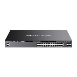 Tp-link switch 24 porturi, management l3, poe+, 4 porturi 10g sfp,interfata: 24× 10/100/1000 mbps poe+ rj45 ports, 4× 10g sfp+, 2× usb 2.0, 1× rj45 console por, 1× usb type-c console port, 1× rj45 management port, buget poe: 720w, 24 x 30w, dimensiuni: 44
