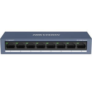 Switch hikvision ds-3e0108-o: 8 × 10/100 mbps rj45 port, tensiune alimentare 5 vdc, 1a., dimensiuni: 142.4 mm × 25.6 mm × 53.1 mm, greutate: 0.2 kg, montare pe birou sau pe perete.