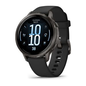 Garmin venu 4. display diagonal: 3.05 cm (1.2"), display technology: amoled, display resolution: 390 x 390 pixels, touchscreen. flash memory: 8 gb. wi-fi. gps (satellite). weight: 33 g. band material: silicone, band colour: black