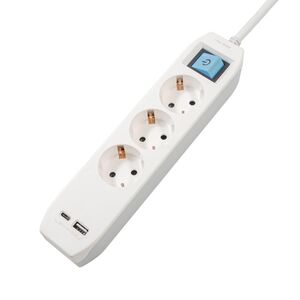 Prelungitor spacer, schuko x 3, conectare prin schuko (t),type-c x1, usb x 1, 3.1a, cablu 3m, 16 a, max. 3500w, protectie copii, protectie supratensiune, gri-alb
