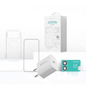Devia set 4 in 1 iphone 17 incarcator retea gan pd 30w + husa silicon magsafe + folie sticla military-grade cu aplicator + folie sticla camera