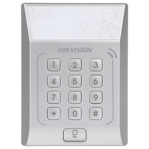 Cititor standalone cu tastatura si card de proximitate hikvision, ds- k1t801m; suporta cartele mifare, capacitate 3000 cartele, autentificare: card sau card si parola; intrari: buton de iesire x1, contact de usa x1; iesiri: sonerie x1, incuietoare electri