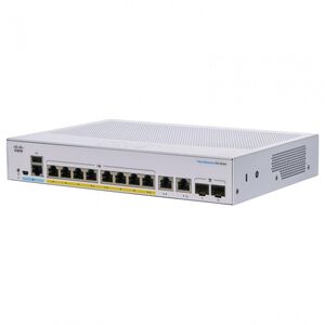 Switch  cisco cbs250-8p-e-2g, 8 porturi 10/100/1000, 2 x sfp, poe 60w, buffer: 1.5 mb, flash 256mb, cpu: 800 mhz arm , dram: 512 mb dimensiuni: 268 x 185 x 44 mm, greutate: 1.53 kg, consum fara poe: 220v-14.38 w, cu poe: 80.86w, fanless, rack-mount.