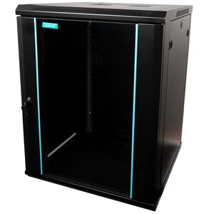 Cabinet 19″ spacer 15u 600x600mm, fixare pe perete, flatpack (dezasamblat), black, usa sticla cu blocare, panouri detasabile, otel 1.5mm, sarcina maxima 60kg