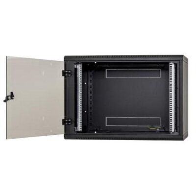 Rack de perete triton sectiune simpla 12u 500mm adancime usa sticla panouri laterale fixe sectiuni ventilatie activa, sectiuni acces cabluri sus/jos/spate securizare cu cheie, 1 pereche montanti reglabili ip30 negru