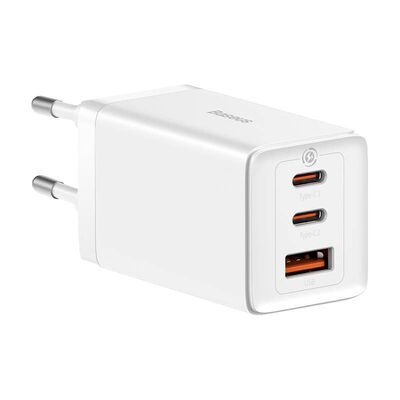Incarcator retea baseus gan5 pro, quick charge 65w, 2 porturi usb pd, 1 port usb quick charge, include cablu usb -c la usb-c de 100w, lungime 1m, alb