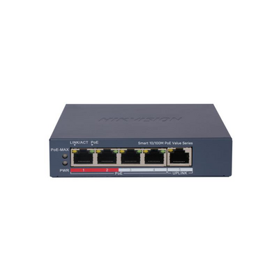 Switch poe hikvision ds-3e1105p-ei/m(v2), 4 × 10/100 mbps poe port,1 × 10/100 mbps rj45 port, total poe power budget 45w, support 802.1q vlan, capacitate: 1.2 gbps, alimentare: 54vdc, 0.92a, dimensiuni: 121.1 mm × 27.6 mm × 83.1 mm, greutate: 0.26kg.