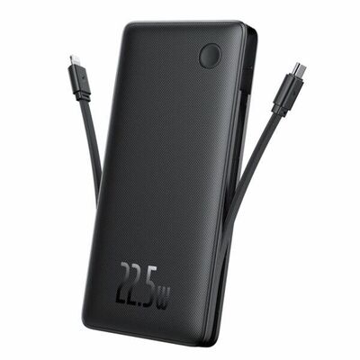 Baterie externa baseus airpow lite, 10000mah, 22.5w, 1 x usb; 1 cablu x usb type-c, 1 cablu x iphone lightning, total 3a, negru