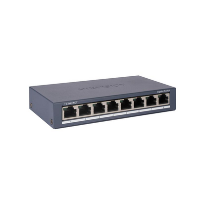 Switch hikvision ds-3e0508-o: 8 × gigabit rj45 port maxim 3w, tensiune alimentare: 5vdc, 0.6a, dimensiuni: 145.00 mm × 25.60 mm × 68.45 mm, greutate: 0.24kg, montare pe birou sau pe perete.