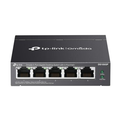 Omada 5-port gigabit desktop switch with  4-port poe+ port: 4× gigabit poe+ ports, 1× gigabit non-poe port spec: 802.3af/at, 65 w poe power, desktop steel case feature: plug and play