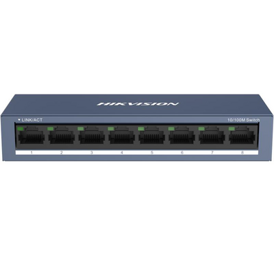 Switch hikvision ds-3e0108-o: 8 × 10/100 mbps rj45 port, tensiune alimentare 5 vdc, 1a., dimensiuni: 142.4 mm × 25.6 mm × 53.1 mm, greutate: 0.2 kg, montare pe birou sau pe perete.