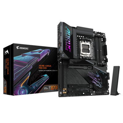Gigabyte x870e aorus pro x3d. processor manufacturer: amd, processor socket: socket am5, compatible processor series: amd ryzen 7000  series, amd ryzen 8000 series, amd ryzen 9000 series. supported memory types: ddr5-sdram, maximum internal memory: 256 gb