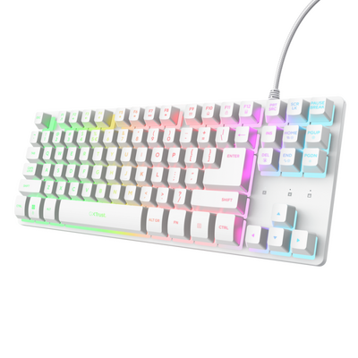 Tastatura trust cu fir gxt833w thado tkl, numar butoane 87, interfata usb 2.0, conector usb-a male, compatibila cu ps4, xbox one, nintendo switch, ps5, alb