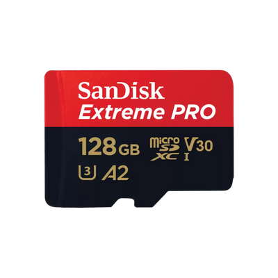 Sandisk extreme pro. capacity: 128 gb, flash card type: microsdxc, flash memory class: class 10, internal memory type: uhs-i, read speed: 200 mb/s, write speed: 90 mb/s, uhs speed class: class 3 (u3), video speed class: v30. protection features: shock res