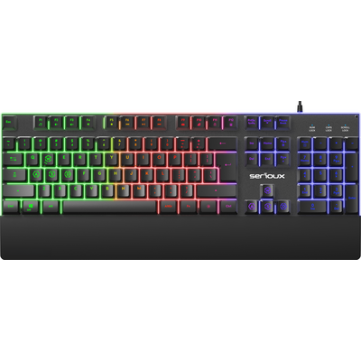 Tastatura gaming cu fir iluminata serioux nexor, interfata usb, numar de taste: 104, material abs, anti-ghosting: 19 taste, lungime cablu 1.5m pvc, dimensiuni (lxaxh): 435.74 × 178.54 × 33.62 mm, negru