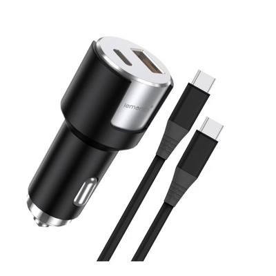 Incarcator auto lemontti fast charge 1 x port pd type-c 20w + 1 x port usb-a qc 3.0 18w cu cablu type-c la type-c 20w, lungime 1m, negru/argintiu