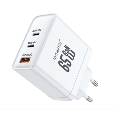 Lemontti incarcator retea gan 2x type-c si 1x usb-a, 65w, fast charge, eu plug, alb