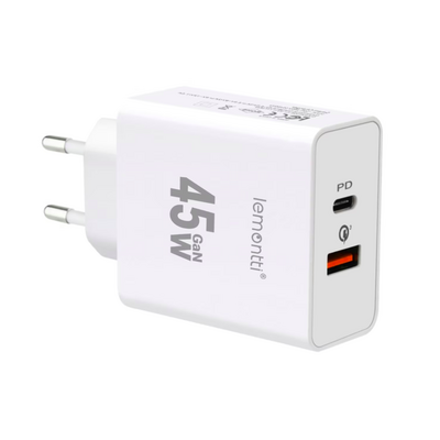 Lemontti incarcator retea gan fast charge 45w 1 x pd type-c + 1 x usb-a quick charge 3.0 alb
