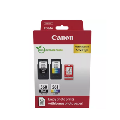 Canon pachet cartuse cearneala pg-560/cl561 photo value pack, capacitate negru: 180 pagini/8.3ml, color: 180 pagini / 7.5ml, compatibil cu: pixma ts5253, pixma ts5350, pixma ts5351, pixma ts5352, bonus 50 coli hartie foto 10 x 15cm.
