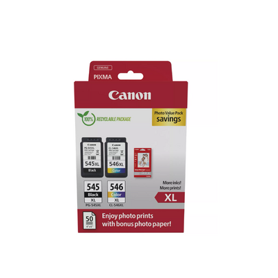 Canon pachet cartuse cearneala pg-545xl/cl-546xl photo value pack, capacitate negru: 400 pagini/13ml, color: 300 pagini / 15ml, compatibil cu: pixma 2550s, pixma ip2850, pixma mg2450, pixma mg2550, pixma mg2950, pixma mg3050, pixma mg3051, pixma mg3052, p