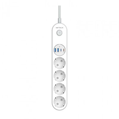 Prelungitor cu protectie serioux srxp-ps44w, 4 prize schuko, tensiune intrare: 100-240v, 50-60hz, tensiune ieşire (total): 2500w-10a, 4 porturi usb (auto max), usb-c1-20w si usb-c2/a1/a2-12w, amperaj port usb (max): 3.4a, funcţie auto id
