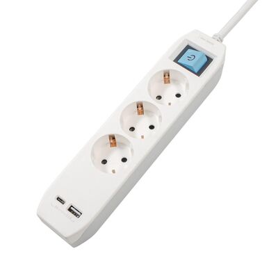 Prelungitor spacer, schuko x 3, conectare prin schuko (t),type-c x1, usb x 1, 3.1a, cablu 3m, 16 a, max. 3500w, protectie copii, protectie supratensiune, gri-alb