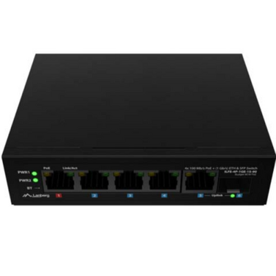 Switch lanberg ilfe-4p-1ge-1s-90, 1 port 100base-t 802.3bt poe++, 3 porturi  100base-t 802.3af/802.3at poe+, unmanaged, maxiumum network link speed 100 mbps, 1000 mbps, latime de banda 12 gbps, standar poe 802.3at, 802.3af, 802.3bt