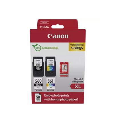 Canon pachet cartuse cearneala canon pg-560xl/cl-561xl photo value pack, capacitate negru: 400 pagini/16ml, color: 300 pagini / 12.2ml, compatibil cu: pixma ts5253, pixma ts5350, pixma ts5351, pixma ts5352, bonus 50 coli hartie foto 10 x 15cm.