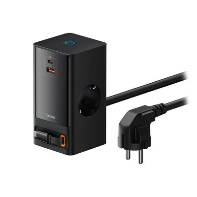 Incarcator retea baseus gan3 pro powerstrip, quick charge 65w, 2 x ac, 1 x usb type-c output 5v/3a, 1 x usb, lungime cablu 1.5m, negru