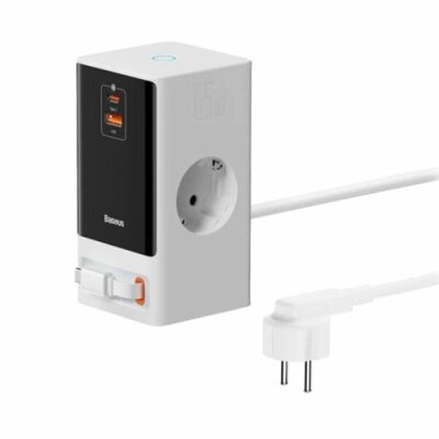 Incarcator retea baseus powercombo powerstrip, qc 65w, 2xac, 1 x cablu integrat retractabil usb type-c output 5v/3a, 1xusb, 1.5m, alb