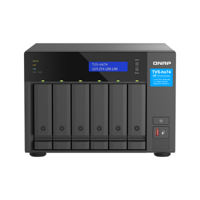 Nas qnap h674 6-bay, cpu intel core i5-12400 6-core 12-thread processor, up to 4.4ghz, ram 32gb (2x 16gb) ddr4 sodimm (max. 128gb), 6 x 2.5"/3.5" sata 6gbps + 2 x m.2 2280 nvme hdd (neincluse),  lan: 2 x 2.5gbe (2.5g/1g/100m/10m), usb3.2 gen1: 3 (2 x usb-
