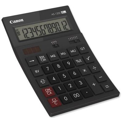 Calculator birou canon as1200, 12 digiti, display lcd vertical, inclinat, separator de mii, functie schimbare de semn, oprire automata, sursa de energie: alimentare dubla.