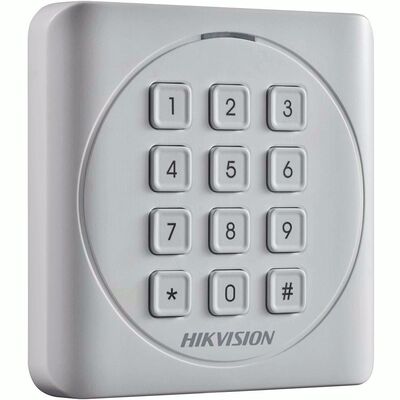 Cititor card cu tastatura hikvision ds-k1801mk, citeste carduri mifare 13.56mhz, distanta citire: 50mm, comunicare: wiegand 26/34 protocol, tastatura cu 12 butoane,  indicator led de stare si alimentare; alimentare: 12vdc, ip65, dimensiuni: 87×87×13.3mm