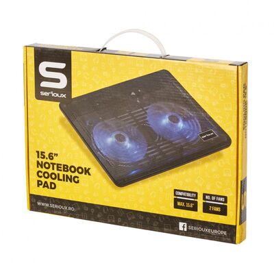 Cooling pad serioux, srxncp007, dimensiuni: 340*250*23mm, compatibilitate maxima laptop: 15.6 inch, dimensiune ventilator: 2 x 125 *125*15mm, nivel zgomot: 10db, flux aer: 20cfm, tensiune alimentare: dc 5v, viteza rotatie maxima: 1500rpm, iluminare led: a