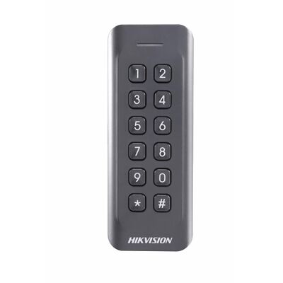 Card reader hikvision, ds-k1802ek; reads em card, with keypad; card reading frequency: 125khz; processor: 32-bit; reading range: ≤50mm (≤ 1.97"); supports wiegand(w27/w35) protocol, dust-proof, ip 65.